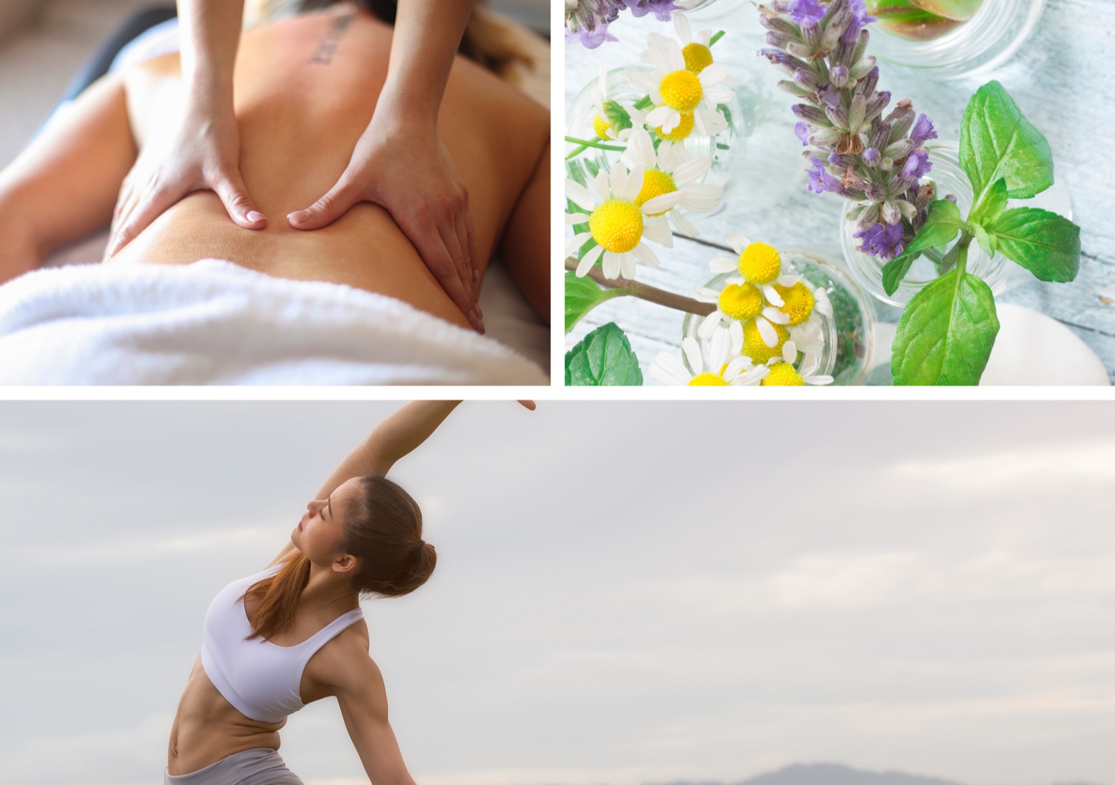A man receiving an abdominal massage, a collection of flowers in vases, and a woman doing yoga outdoors at sunset.