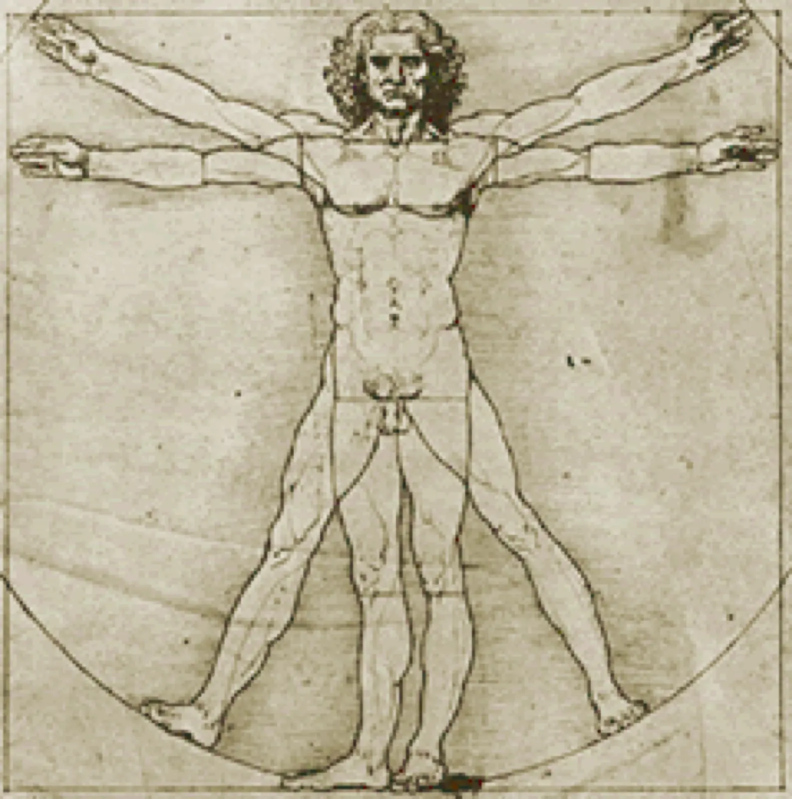 Zeichnung eines menschlichen Körpers in einer geometrischen Position mit ausgestreckten Armen und Beinen.