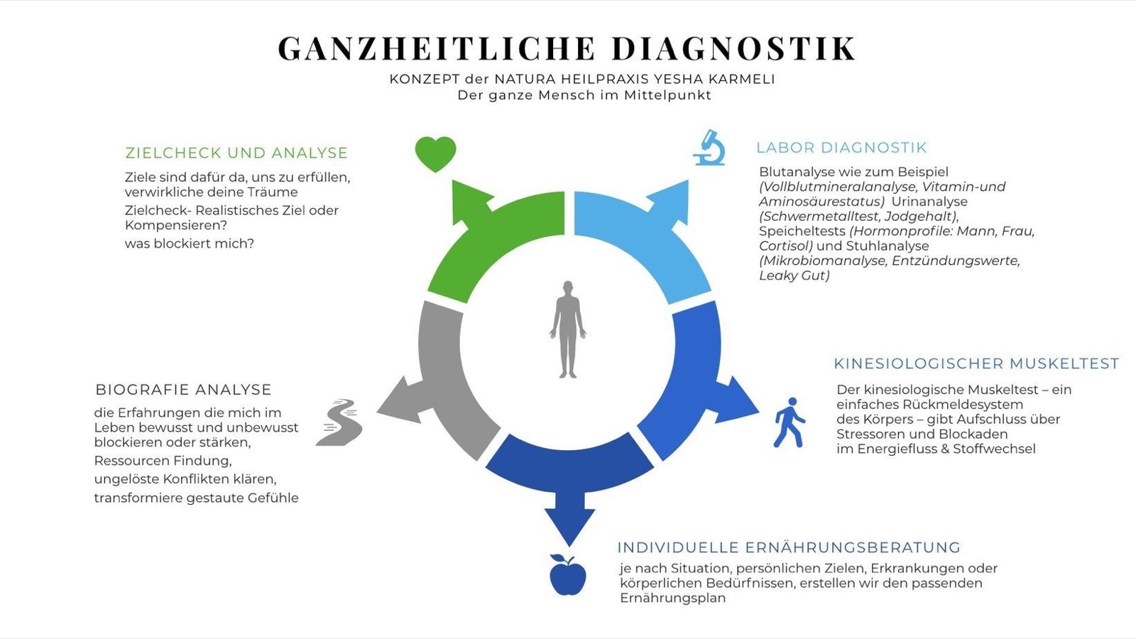 Holistic diagnostics, goal check and analysis, laboratory diagnosis, kinesiological muscle test, naturopathic practitioner Yesha Karmeli in Berlin