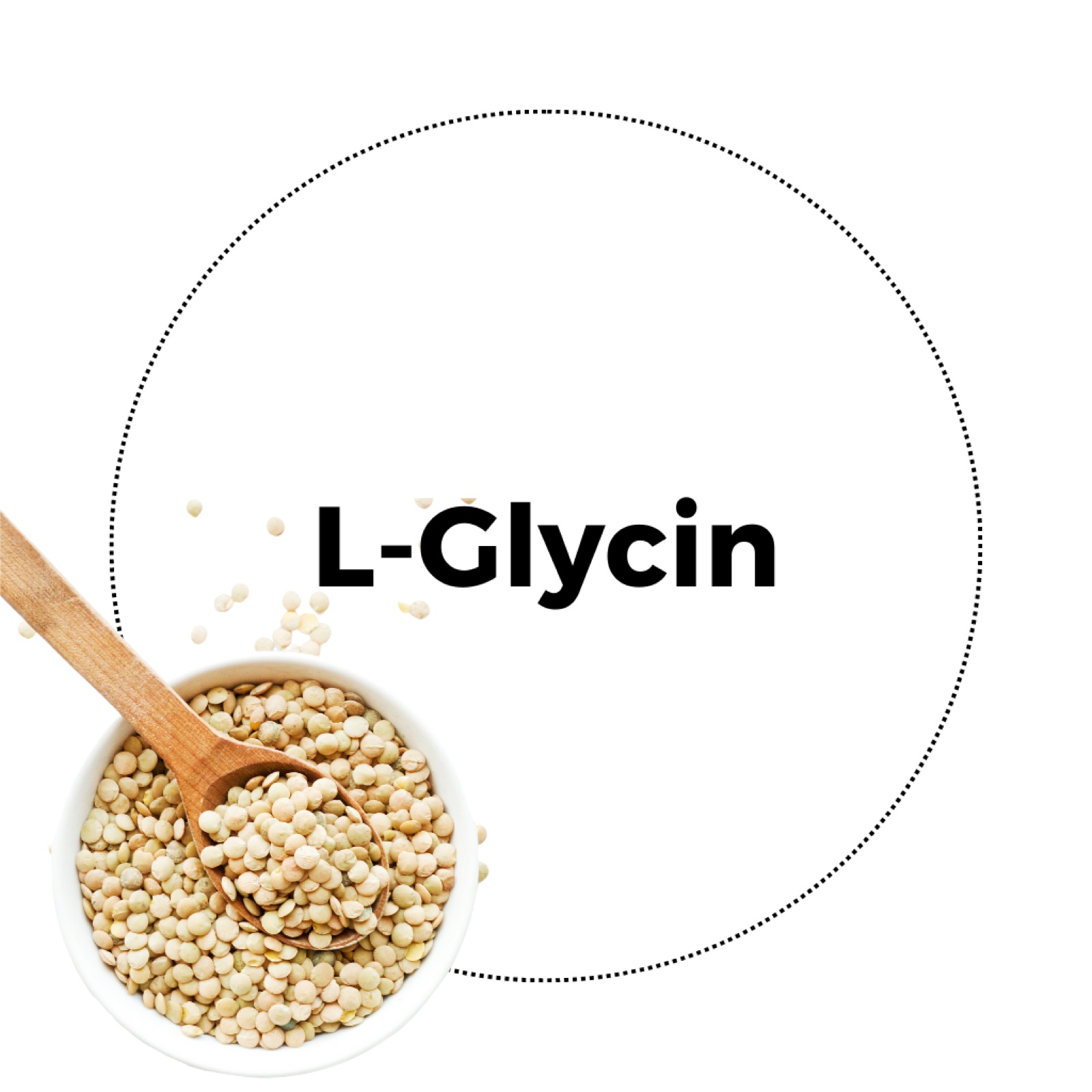A jar of white L-glycine tablets and a wooden spoon holding some tablets, with the text 'L-Glycin' above it.