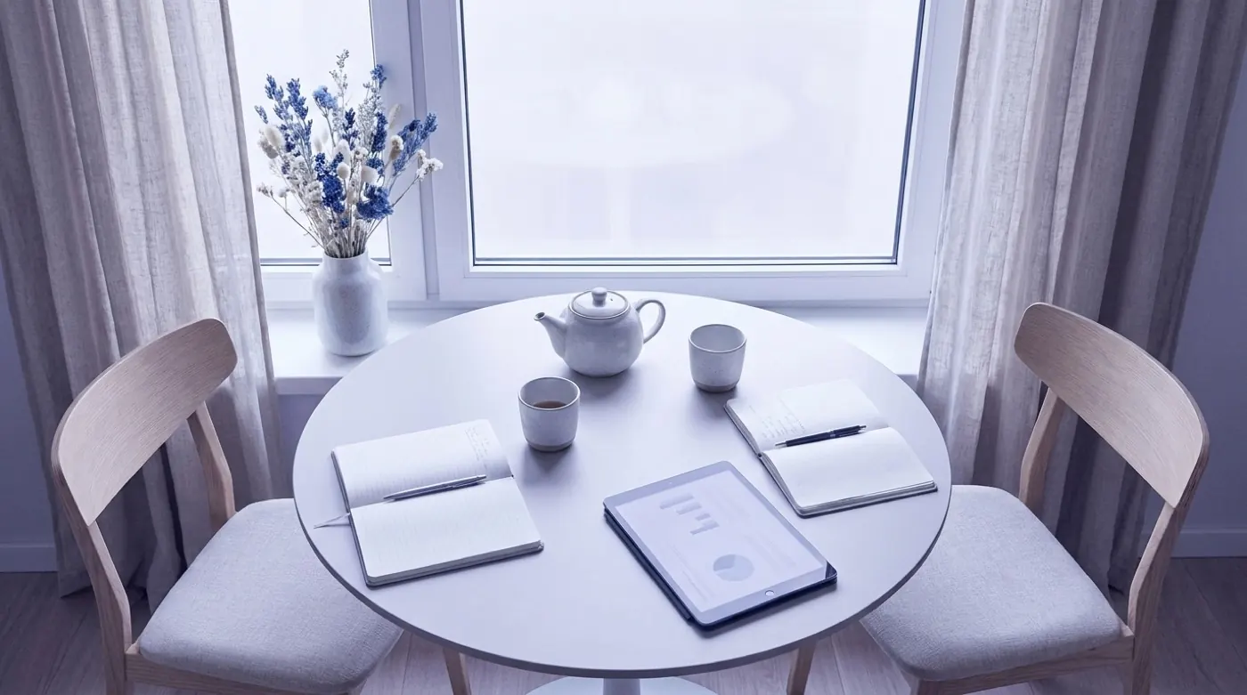 Tisch am Fenster in der Praxis, mit Tee und Notizbüchern