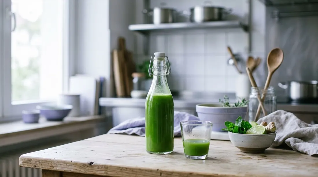 Grüner Saft und Kräuter auf dem Küchentisch